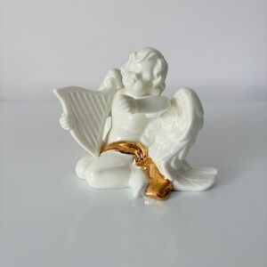 Porcelain Cherub Playing Harp Swathed in Gold Rococo Vintage
